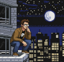 Bill Cancil perches on a moonlit building top, watching the city and considering his next move